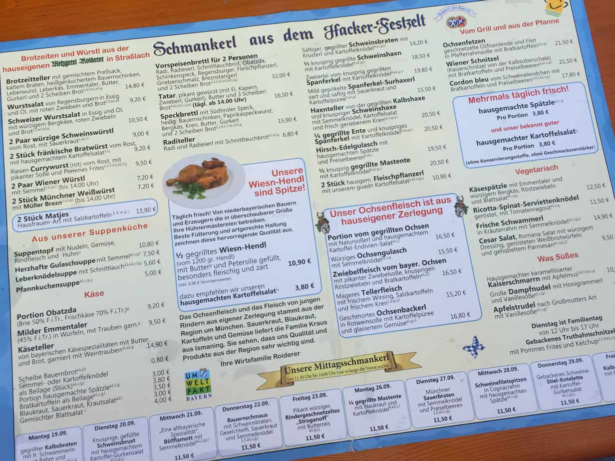Food menu at Oktoberfest