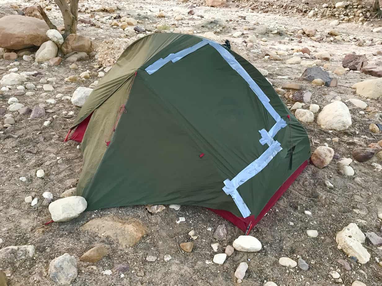 Broken MSR Hubba Hubba tent in strong winds